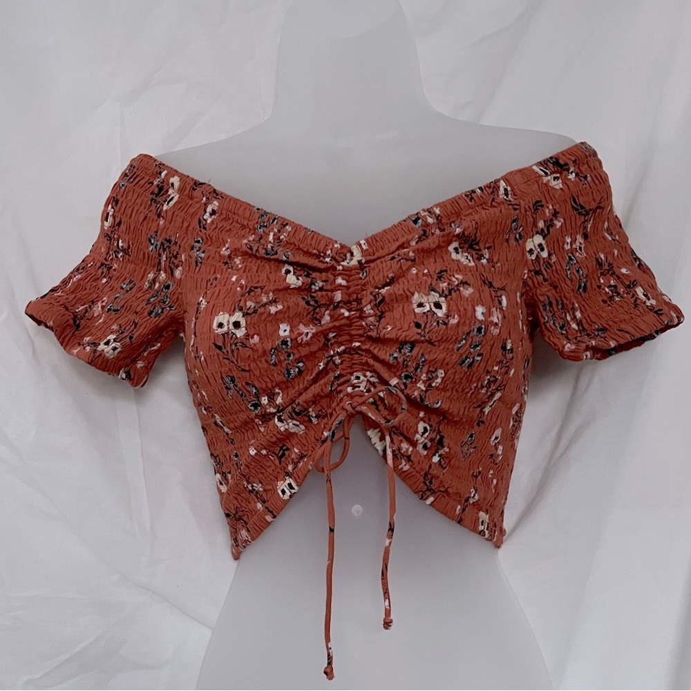 💐Delicate Cottage Dusty Burnt Orange Off-Shoulder Ruched Top